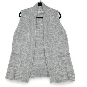 LOFT L/XL Gray Open Front Knit Sweater Vest Pockets‎ Cozy Chunky Layering EUC